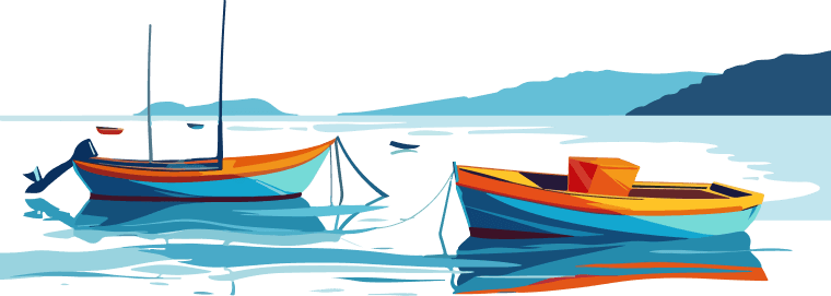 picture of two boats on an island with mountains around