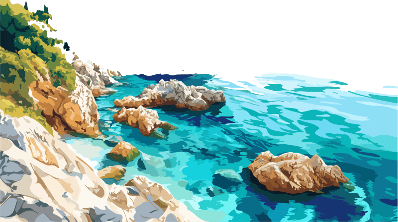 Painting of a scenic beach featuring cliffs and a rocky shore