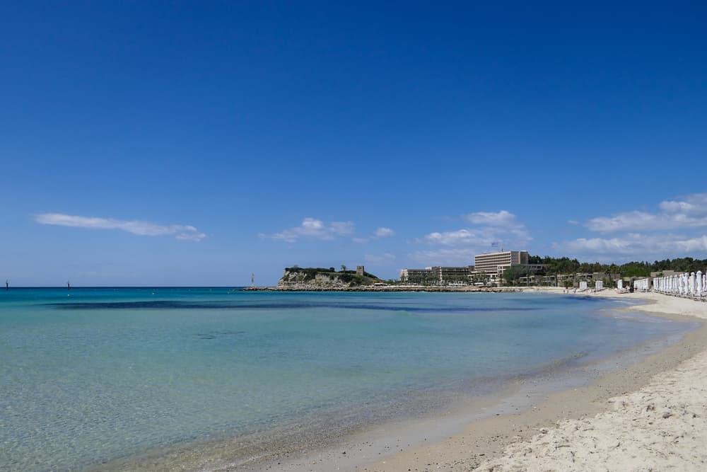 The pristine white sand and luxurious sunbeds of Sani Beach on the Kassandra peninsula.