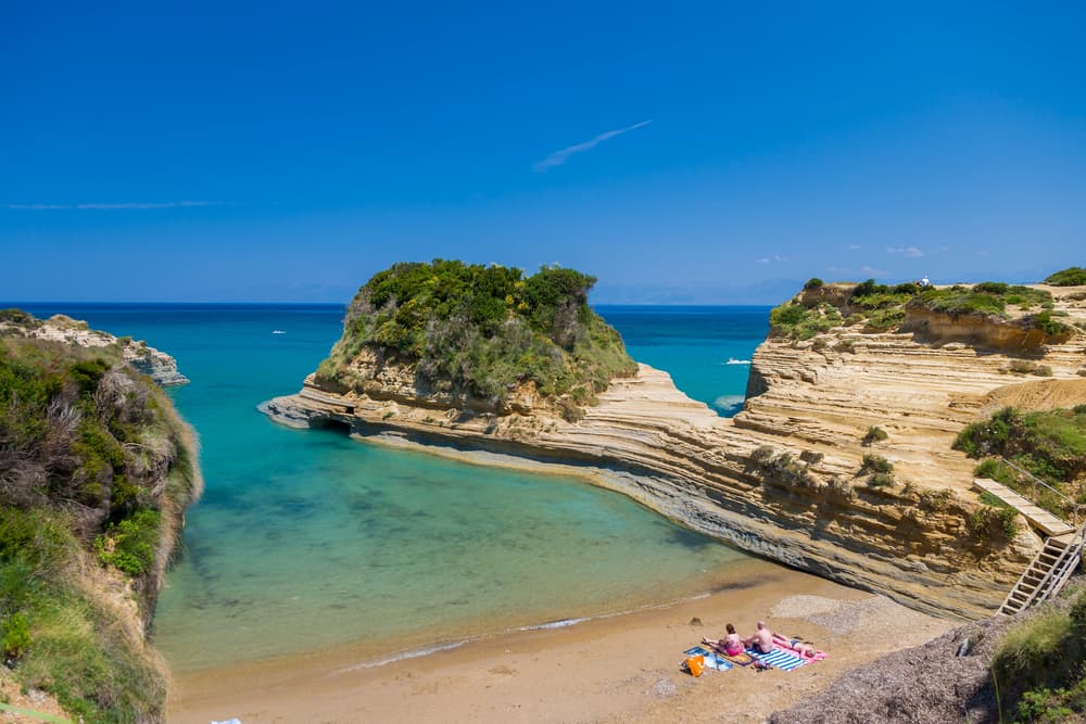 The unique sandstone rock formations and narrow channel of the Canal d'Amour in Sidari, Corfu.