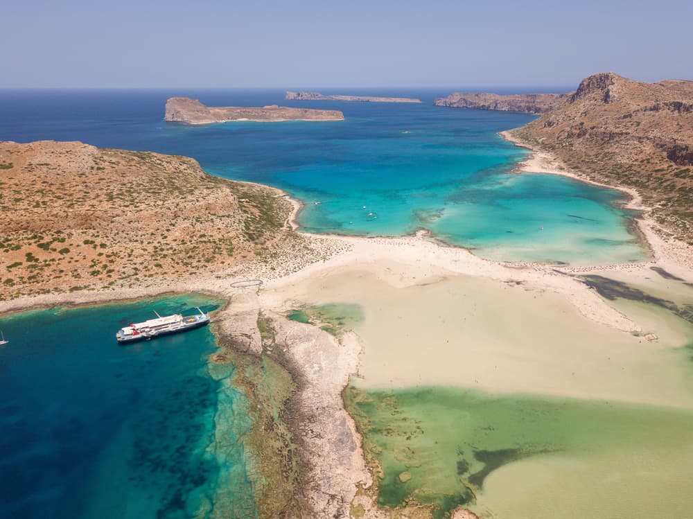 The stunning aerial view of the turquoise waters and white sands of Balos Lagoon, Crete.