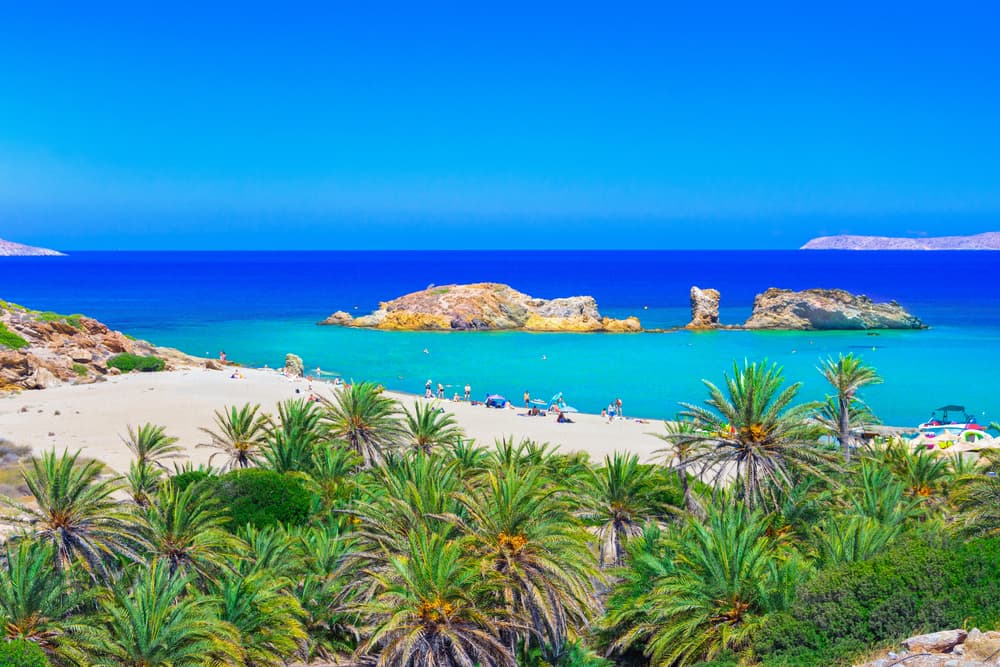 The unique and tropical Vai Beach in Crete, with Europe's largest natural palm forest.