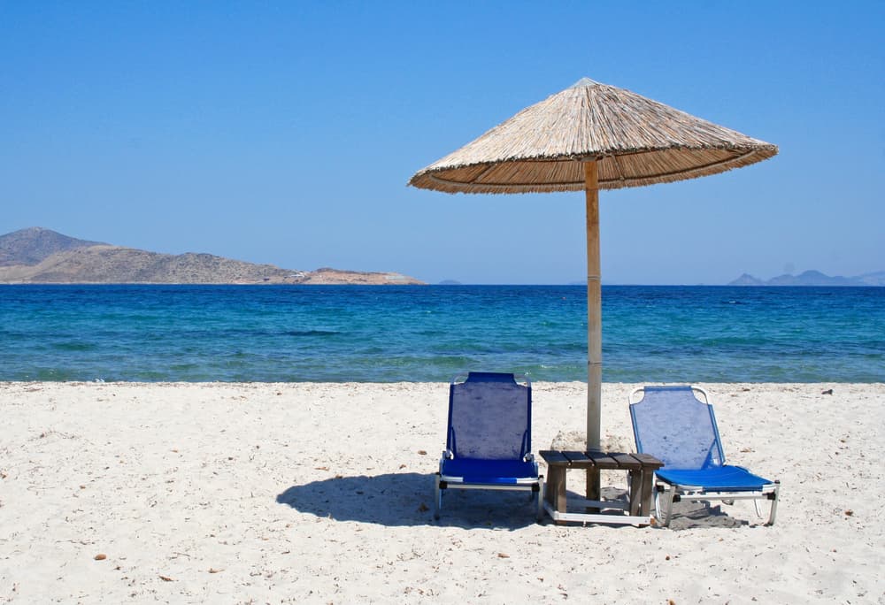 The long, organized stretch of fine white sand at the family-friendly Tigaki Beach, Kos.