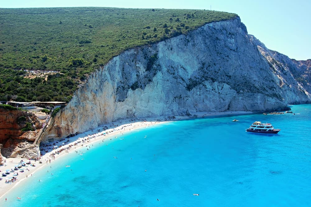 The world-famous Porto Katsiki beach with its colossal white cliff and brilliant turquoise sea.