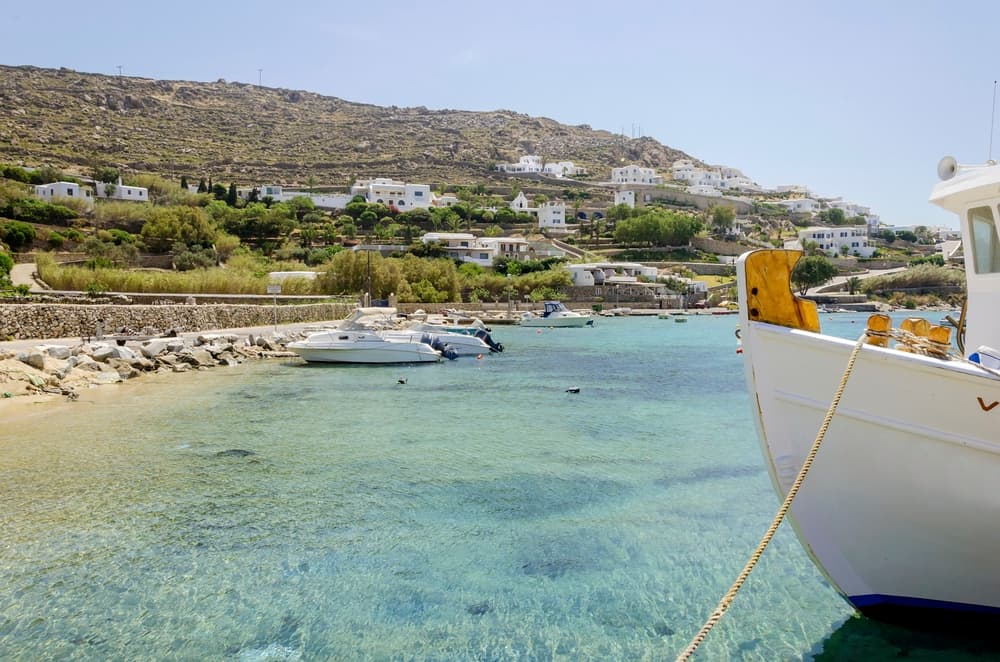 The calm, family-friendly waters of Ornos Beach, Mykonos.