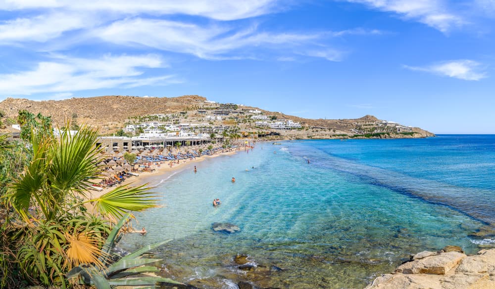 The world-famous Tropicana beach club on Paradise Beach, Mykonos.
