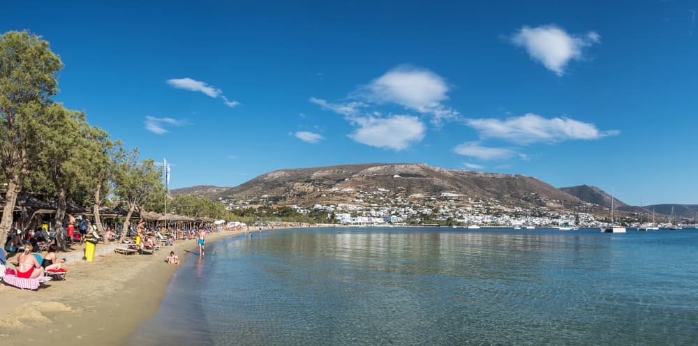 The convenient and organized town beach of Livadia, right next to the port of Parikia, Paros.