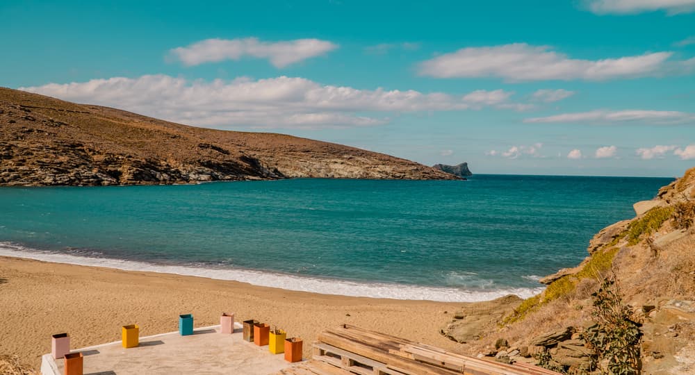 The two distinct beaches of Kolymbithres in Tinos, one sheltered and one open to the sea.
