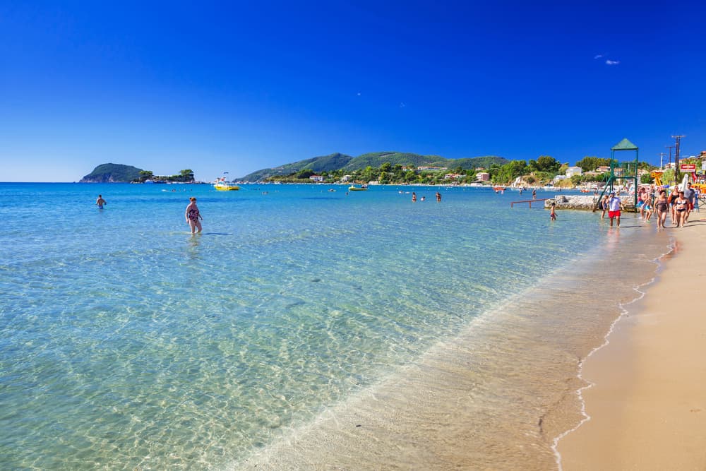 The long, lively stretch of sandy beach at Laganas, the party capital of Zakynthos.