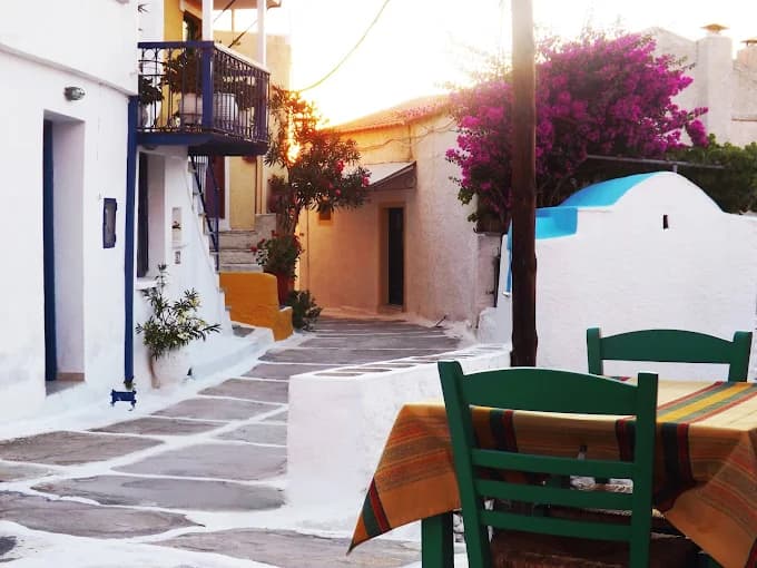 The charming alleyway setting of To Steki taverna in the hilltop capital of Ioulida.