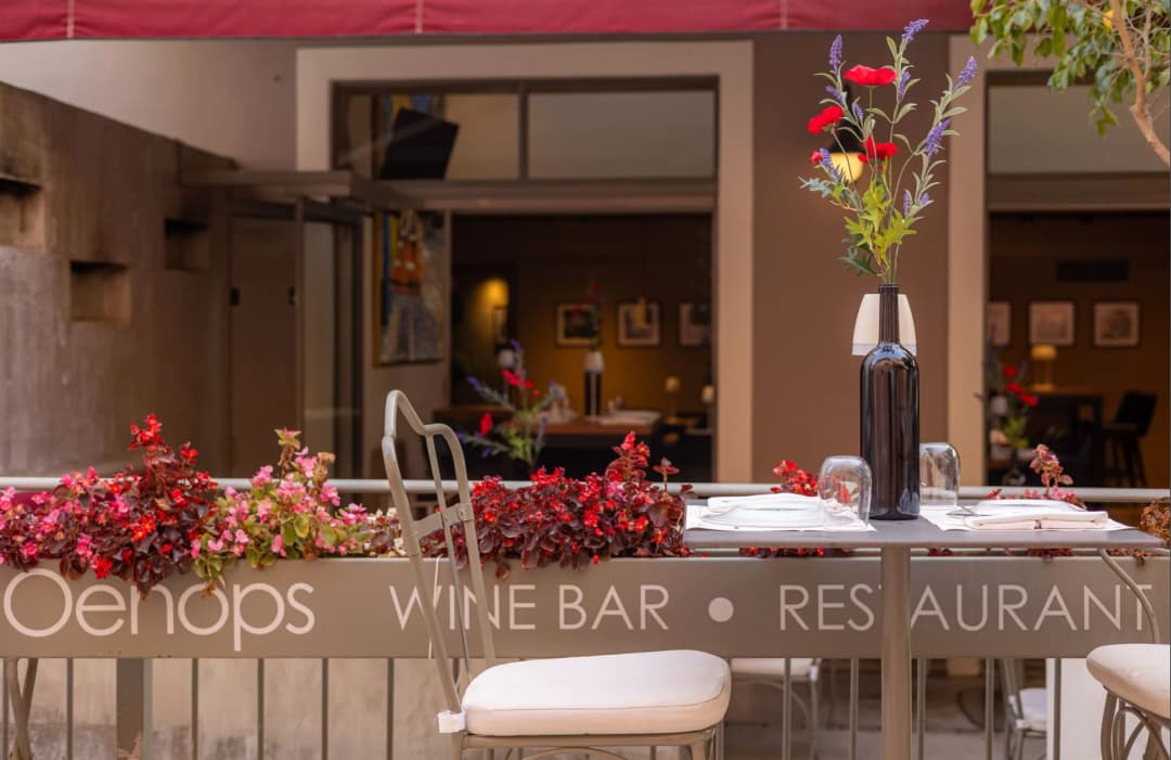 The chic and contemporary interior of Oinops Wine Bar in Argostoli, Kefalonia.