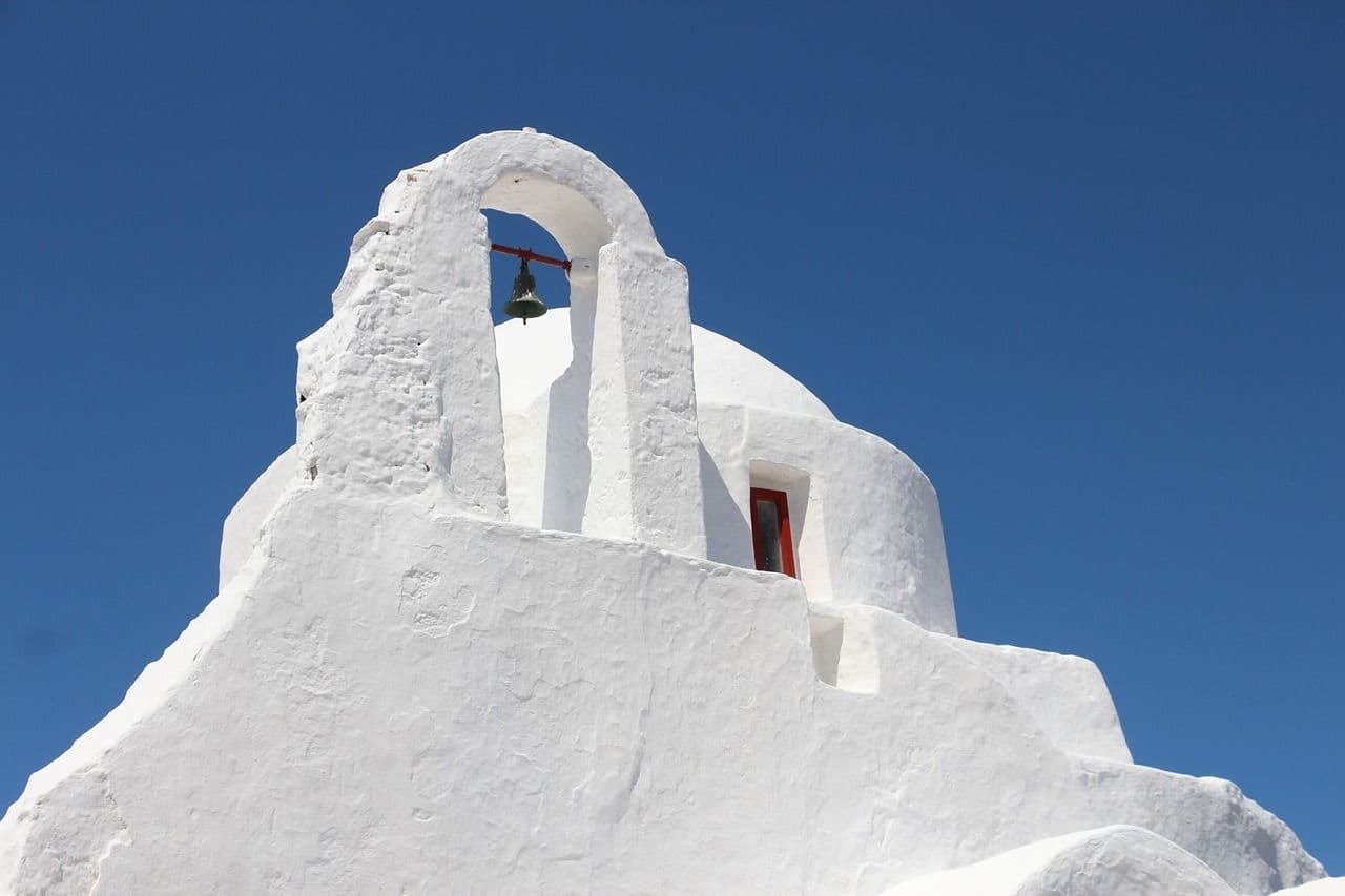 traditional church in Mykonos painted in white